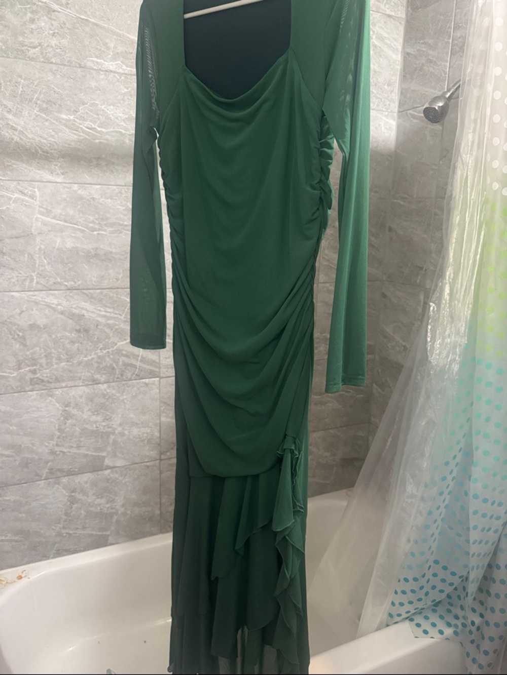 Green Long Sleeve Draped Maxi Dress